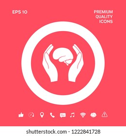 Hands holding brain - protection icon. Graphic elements for your design