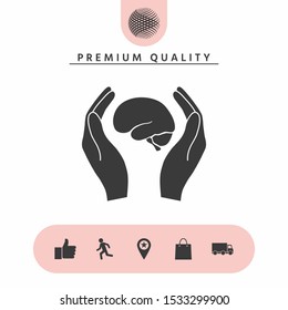 Hands holding brain - protection icon. Graphic elements for your design