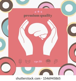 Hands holding brain - protection icon. Graphic elements for your design