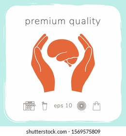 Hands holding brain - protection icon. Graphic elements for your design