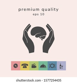Hands holding brain - protection icon. Graphic elements for your design