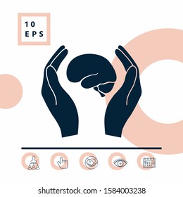 Hands holding brain - protection icon. Graphic elements for your design