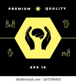 Hands holding brain - protection icon. Graphic elements for your design
