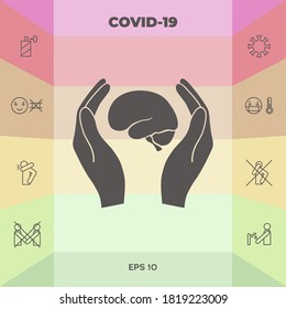 Hands holding brain - protection icon. Graphic elements for your design
