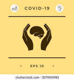 Hands holding brain - protection icon