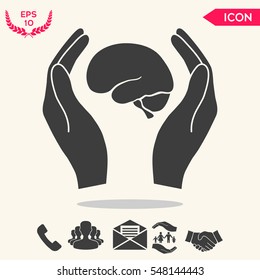 Hands holding brain - protection icon