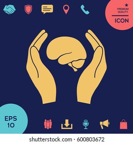 Hands holding brain - protection icon