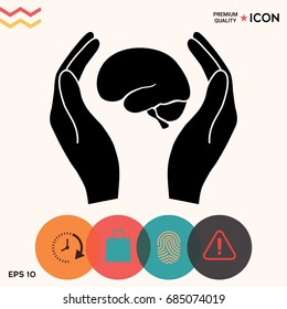 Hands holding brain - protection icon