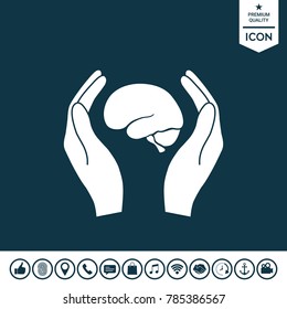 Hands holding brain - protection icon