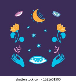 Hands holding branches of plants, magic symbols, stars, blue flowers. Vector illustration on a dark blue background. Tattoo, prediction of the future