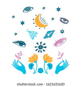 Hands holding branches of plants, magic symbols, stars, blue flowers. Vector illustration on a white background. Tattoo, prediction of the future