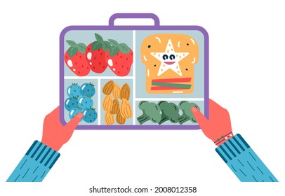 Manos de desayuno o almuerzo. Comida, bebidas para niños cajas de almuerzo escolar con comida, brócoli, sándwich, jugo, tentempiés, frutas, verduras.Vector de moda