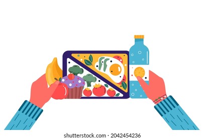 Hands holding breakfast or lunch meals. Food, drinks for Children school lunch boxes with meal, broccoli, sandwich, juice, snacks, fruit, vegetables.Vector trendy