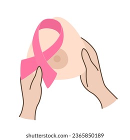 Hands holding Breast prosthesis with a pink ribbon. Breast prosthesis for breast cancer patient after mastectomy. Concept Breast Cancer Awareness Month October. Vector illustration.