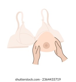 Hands holding Breast prosthesis. Breast prosthesis and post surgery bra for breast cancer patient after mastectomy. Vector illustration. svg