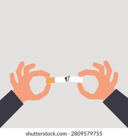 Hands holding broken cigarette. Crushing, breaking, quitting smoking. Health benefits, good health without smoking. Vector illustration.