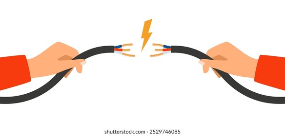 Hands holding broken electrical cable with electric spark. Electric broken cable vector isolated on white background