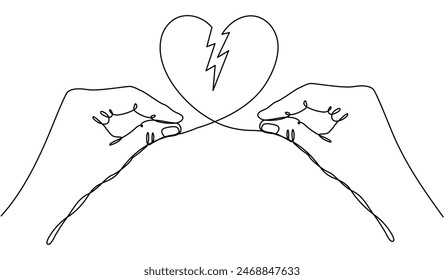 Hands holding broken heart continuous one line drawing. Love concept. Vector illustration isolated on white background.