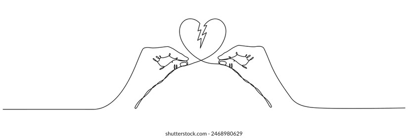 Hands holding broken heart continuous one line drawing. Love concept. Vector illustration isolated on white background.