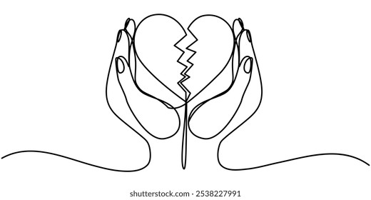 Hands holding broken heart continuous one line drawing. Love concept. Vector illustration isolated on white background, One continuous line.Broken heart. Unhappy love.Craft paper cut art illustration.