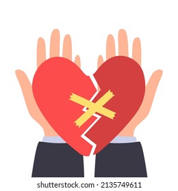 Manos con el corazón roto fijado con cinta adhesiva. Concepto de ayuda, atención y apoyo. Ilustración plana del vector