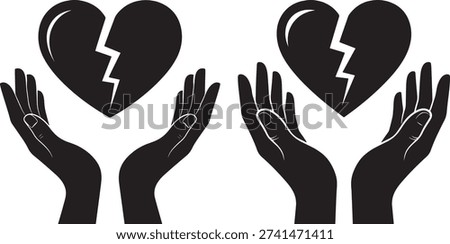 Hands holding broken heart silhouette. Love hurt feeling vector. Heartbreak and emotional pain.