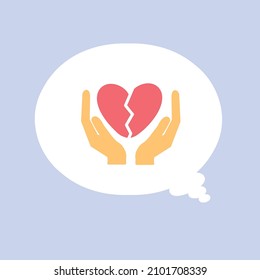 hands holding a broken pink heart on a white cloud, blue background, pink heart