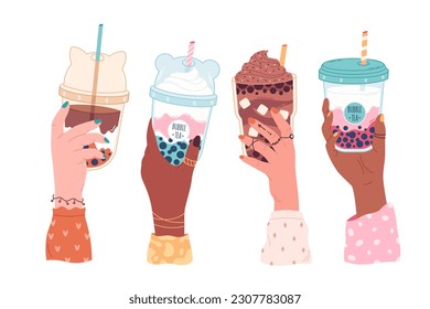 Hands holding bubble tea cups with tapioca pearls. Boba tea.Taiwanese drink. Summer cold drink. Hand drawn vector illustration