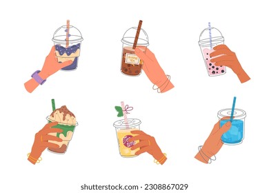 Hands holding bubble tea cups with tapioca pearls. Boba tea. Taiwanese drink. Summer cold drink. Hand drawn vector illustration. A selection of soft drinks and iced tea. Milk cocktail with cream.