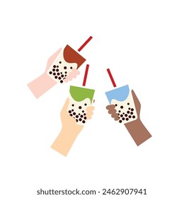 Hands holding bubble tea cups with tapioca pearls. Boba tea. Summer cold drink. Hand drawn vector illustration