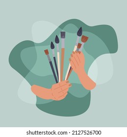 Woman’s hands holding a bunch of paintbrushes. Vector illustration of hands with art supply. Hand drawn style. Concept of handmade workshop, art school or shop. Artist lifestyle, art shop, painting