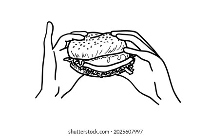 Hands Holding A Burger. Hamburger Or Sandwich Outline Sketch. Fast Food Concept. Vector Illustration.