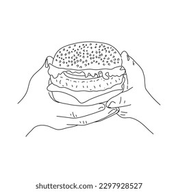 Hands holding a burger. Hamburger or sandwich outline sketch. Fast food concept. Vector.