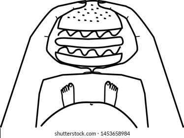 Hands holding a burger. Thick belly. Concept. Outline vector drawing