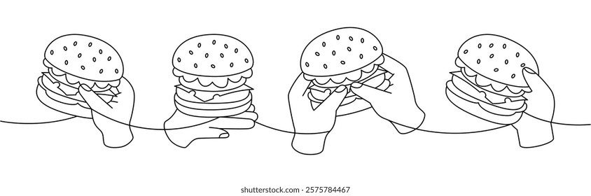 Hands holding a burgers one line continuous drawing. Traditional American fast food. Takeaway snack. Vector illustration.