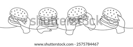 Hands holding a burgers one line continuous drawing. Traditional American fast food. Takeaway snack. Vector illustration.