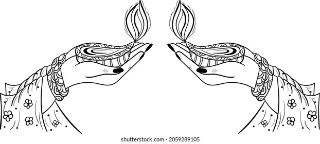 Hands holding burning diya. Diwali Holiday template. Vector illustration on white isolated background. Female hands wearing bracelets.indian wedding festival bride hand holding diya(lamp).