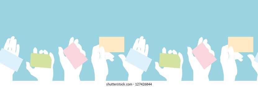 Hands holding business cards seamless pattern border