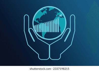 Hands holding a Business graph chart of stock market investment trading and a world map on a blue background. Vector illustration