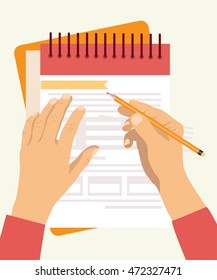 Hands holding business paper document flat vector background