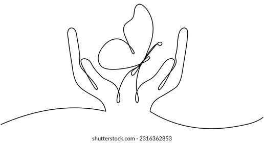Hände, die Schmetterlinge im Dauerflug halten. Vektorgrafik einzeln auf Weiß.
