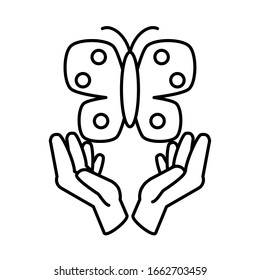 hands holding a butterfly on white background vector illustration design