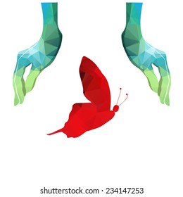 Hands holding butterfly. Vector illustration.