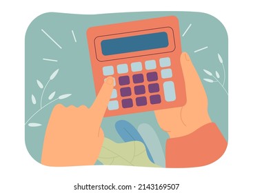 Hands holding calculator flat vector illustration. Person calculating finance or money, doing math Accounting, business concept for banner, website design or landing web page