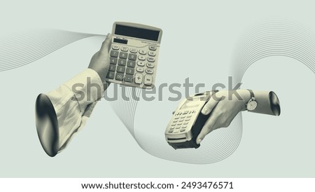 Hands holding calculator and point of sale machine. Calculating expenses collage concept vintage illustration