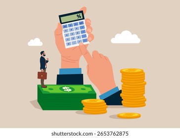 Hands holding a calculator and stack of money in dollar. Loan calculation, budget allocation, expense and debt pay off or payment. Flat vector illustration
