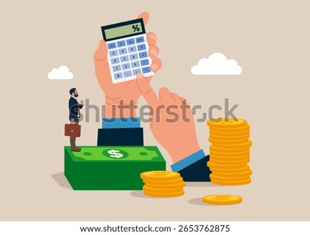 Hands holding a calculator and stack of money in dollar. Loan calculation, budget allocation, expense and debt pay off or payment. Flat vector illustration
