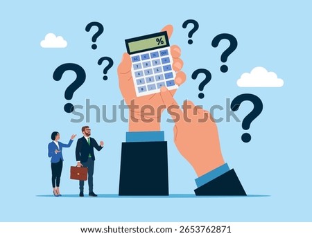 Hands holding a calculator thinking about calculations. Think about numbers. Loan calculation, budget allocation, expense and debt pay off or payment. Flat vector illustration