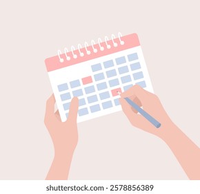 Hands holding a calendar and marking the date with a pen on it, flat vector illustration