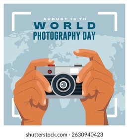 Hands holding a camera against a map background. Celebrating World Photography Day on August 19th. Flat vector illustration